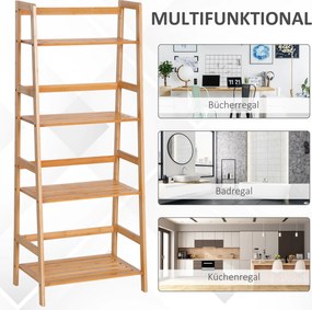 HOMCOM Regał na Książki, 4 Poziomy, Design Drabiniasty, Bambus, Kolor Naturalny