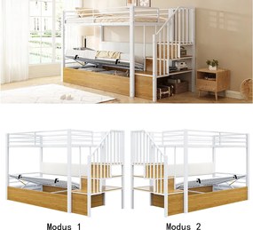 Metalowe łóżko piętrowe dla dzieci - 90 x 200 cm - z hydraulicznym schowkiem + drabinka - białe
