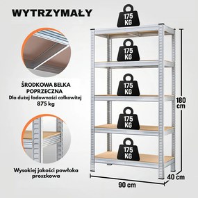 Regał o dużej nośności HEAVY, maks. 875kg, 90x40x180cm, srebrna Jurhan