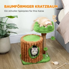 PawHut Drapak wys. 53 cm drzewo dla kota z kryjówką, wzór pnia, słupki z juty, 2 piłeczki dla 1-2 kotów poniżej 5 kg, Brązowy+Zielony | Aosom PL