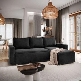 Masseno Narożnik SILES z funkcją spania i pojemnikiem na pościel Narozniki L, Rozkładana sofa - Czarny, MONOLITH 95