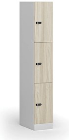 Szafka skrytkowa, 3 schowki, 1850 x 300 x 500 mm, demontaż, zamek mechaniczny z kodem, drzwi laminowane, dąb naturalny