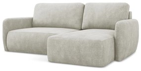 Kremowy narożnik rozkładany z tkaniny szenilowej ze schowkiem (prawostronny/z szezlongiem) Lilo – Makamii