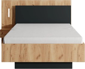 Łóżko z szafkami nocnymi 120 x 200 cm - 2 szuflady - Z oświetleniem LED - Naturalny i antracytowy + Stelaż - FRANCOLI