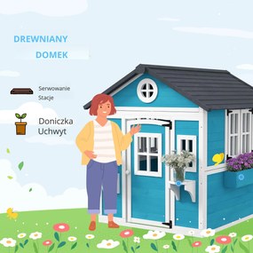 Outsunny Domek Ogrodowy dla Dzieci, Drewniany Domek Zabaw z Oknami, Doniczkami, 3-8 Lat, Niebieski