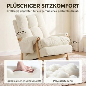HOMCOM Fotel bujany z bocznymi kieszeniami, pokrycie Snow-flanel i nogi z drewna kauczukowego, kremowy | Aosom PL