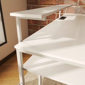 HOMCOM L-kształtne biurko narożne z zintegrowanym gniazdkiem, stojakiem na monitor i półką na przechowywanie, biały