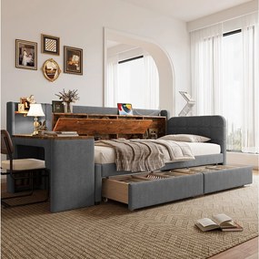 Sofa rozkładana 90x200 cm, szary len, łóżko dla dorosłych z biurkiem i 2 szufladami, port USB - bez materaca