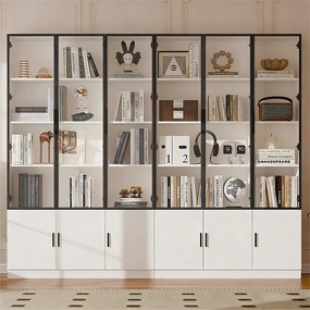 2 nowoczesne wysokie witryny - 120 x 32 x 200 cm - z diodami LED + 3 drzwi szklane + 3 drzwi drewniane - MDF - białe