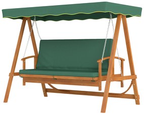 Outsunny Huśtawka ogrodowa z daszkiem, drewniana, z funkcją leżanki, dla 3 osób, Ciemnozielona