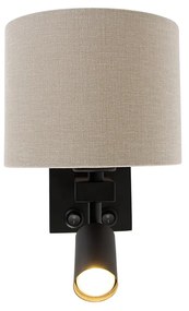 Lampa ścienna czarna z lampką do czytania i kloszem 18 cm w kolorze jasnobrązowym - Brescia Nowoczesny Oswietlenie wewnetrzne