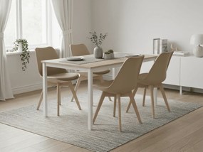 Zestaw jadalniany 1 + 4, biały stół TESSA 120x60 cm dekor dąb + beżowe krzesło BALI MARK z bukowymi nogami