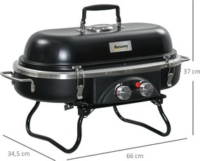 Outsunny Składany Grill Gazowy 2,34 KW BBQ z 2 Palnikami ze Stali Nierdzewnej Regulatorem Ciśnienia 66 x 34,5 x 37 cm Czarny