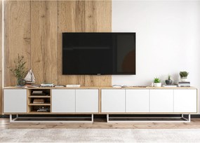 Szafka RTV z 7 drzwiami i 1 wnęką - korpus dąb wotan fronty biały mat - 300 cm, metalowy stelaż