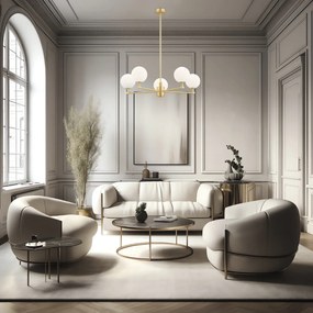 Ekskluzywny żyrandol Paloma 5 – złoty, 5-ramienny, mosiądz szczotkowany, styl Art Deco i Glamour, klosze białe