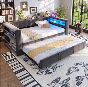 Tapicerowana sofa z łóżkiem 90x190 cm - z oświetleniem LED - z łóżkiem chowanym - z gniazdkiem elektrycznym - ciemnoszary