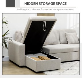 HOMCOM Narożnik z funkcją spania, Zestaw narożny z sofą 2-osobową, Łóżkiem, Narożnikiem L z miejscem do przechowywania, 2 Poduszki Kremowy