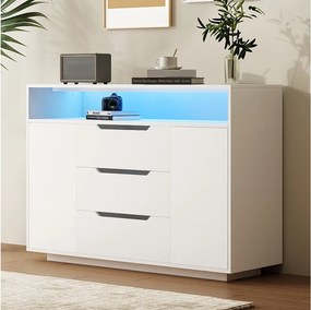 Nowoczesna komoda w matowym wykończeniu - 120 x 40 x 85 cm - z otwartymi półkami + 3 szuflady + 2 drzwi + diody LED - drewno - kolor biały