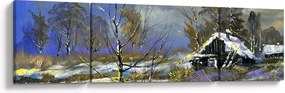 Obraz chaty w zimowym krajobrazie, obraz olejny (170x50 cm)