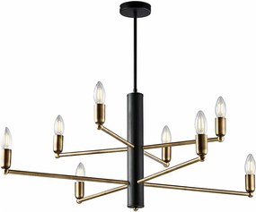Lampa wisząca Isak z czarnego lakierowanego żelaza z wykończeniem z szczotkowanego mosiądzu, 8 świateł, H.66 Ø86 BL311-8-NR