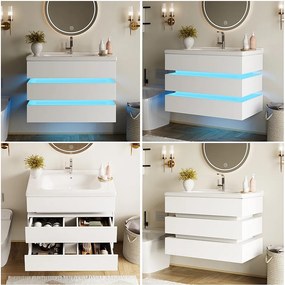 Szafka łazienkowa wisząca z umywalką ceramiczną - 81 x 47,5 x 57 cm - z oświetleniem LED + 2 szuflady - MDF - biała