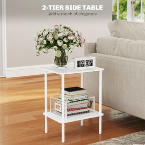 HOMCOM Nowoczesny Stolik Boczny 2-poziomowy z Przestrzenią do Przechowywania i Metalową Ramą do Salonu, Sypialni, Biały