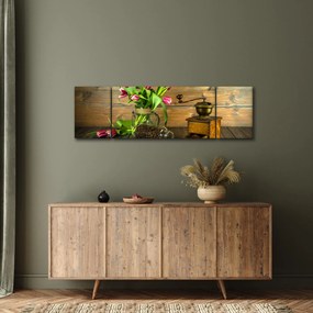Obraz - tulipany, młynek i kawa (170x50 cm)