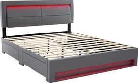 Łóżko podwójne 140x200 cm z ekoskóry z LED - 4 szuflady - z portami ładowania (przewodowym i bezprzewodowym) - Szare