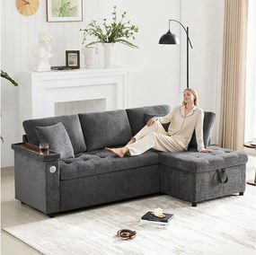 Sofa 3-osobowa z funkcją spania - Narożnik z dwiema poduszkami i podłokietnikiem - ze schowkiem - szara tkanina szenilowa