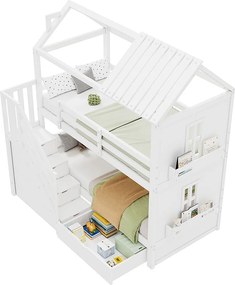 Łóżko piętrowe dla dzieci 90x200cm - z schodami do przechowywania + 2 szuflady + półki - z drewna sosnowego i MDF - Białe