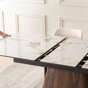Zestaw Stół Rozkładany Ceramiczny LIZBONA 160-200 cm Biały Marmur/Orzech i 4 Krzesła Tapicerowane GRENADA Kremowe