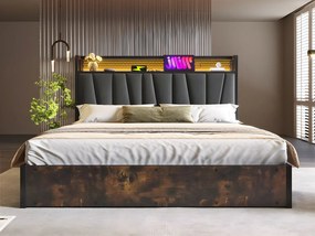 Łóżko z pojemnikiem 160x200cm z tkaniny lnianej - z LED, portami ładowania i stelażem na listwy - Szare