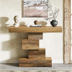 108 cm konsola w stylu rustykalnym, wąski drewniany stolik za sofą z geometryczną podstawą