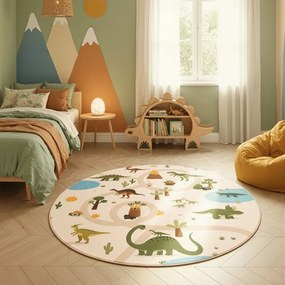 Dywan dziecięcy Coco Dinozaury beżowe koło 200 cm x 200 cm