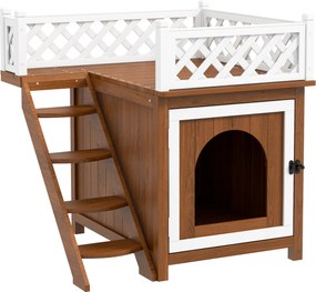 PawHut Dwupoziomowy Domek dla Kota z Balkonem i Schodami, dla Wewnątrz i Na Zewnątrz, dla Kotów i Królików, Drewno Świerkowe, Brązowy