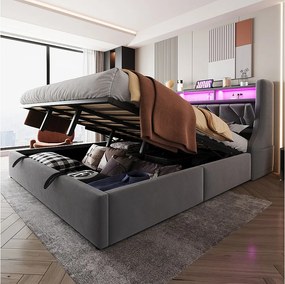Łóżko tapicerowane ze schowkiem - 180 x 200 cm - hydrauliczne - składany zagłówek ze schowkiem + diody LED - MDF - szare
