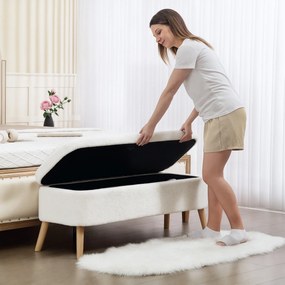 HOMCOM Pufa do przechowywania, siedzisko z 65 L przestrzeni, podnóżek, materiał polarowy, drewno kauczukowe, pianka, 120 x 42 x 45 cm, Kremowy