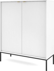 Komoda Wysoka Geriffelt NOVA – 2 drzwi, Highboard z złotymi uchwytami, Biały, czarne nogi 125x104x39cm - Elegancka do salonu