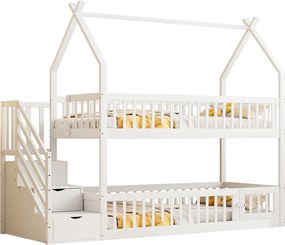 Łóżko piętrowe dla dzieci 90×200 cm - z drabiną bezpieczeństwa i 3 szufladami - białe (materac nie jest zawarty)