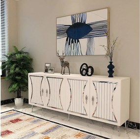 Komoda – 150 cm x 75 cm – Biało-srebrna – Płyta wiórowa