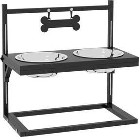 PawHut Stacja karmienia z podwyższonymi miseczkami ze stali nierdzewnej, 40,5 x 22 x 39 cm, Czarny + Srebrny