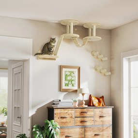 PawHut Zestaw schodków dla kota, montaż ścienny i sufitowy, dla kotów do 5 kg, Beżowy