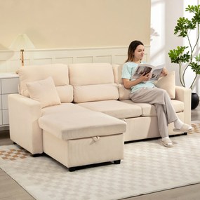 HOMCOM Regulowana sofa rozkładana, narożna sofa dla gości z funkcją łóżka, schowek, poduszki, do salonu, pokoju gościnnego, beżowy