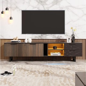 Szafka RTV z 2 drzwiami, 2 szufladami i 2 wnękami - 200 x 38 x 50 cm - LED - Drewno MDF - Czarny + drewno