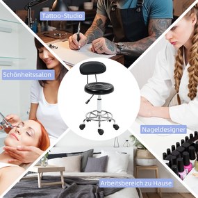 HOMCOM Obrotowy i Regulowany Taboret z Oparciem, Pokrycie z Ekoskóry, Podnóżek, do Stołów Fryzjerskich, Czarny