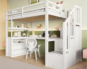 Łóżko mezzanine 90x200 cm - z biurkiem i drabiną do przechowywania - Białe