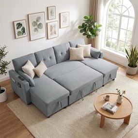 HOMCOM Narożnik z funkcją spania i pojemnikiem na pościel U-kształtny 4-osobowa sofa z szezlongiem, regulowane oparcie, tkanina o wyglądzie lnu | Aosom PL
