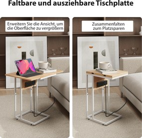 HOMCOM Składany stolik boczny, stacja ładująca z portami USB, metal, 39 x 29 x 57 cm, kolor drewna | Aosom PL