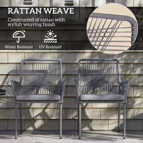 Outsunny Zestaw 2 Krzeseł Ogrodowych, Krzesła Tarasowe, Zdejmowane Poduszki, Oparcie, Podłokietniki, Stal, Rattan, Ciemnoszary