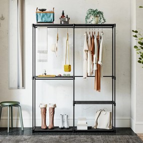 HOMCOM Przenośny stojak na ubrania, metalowy stelaż, półki z włókniny, dużo miejsca, czarny